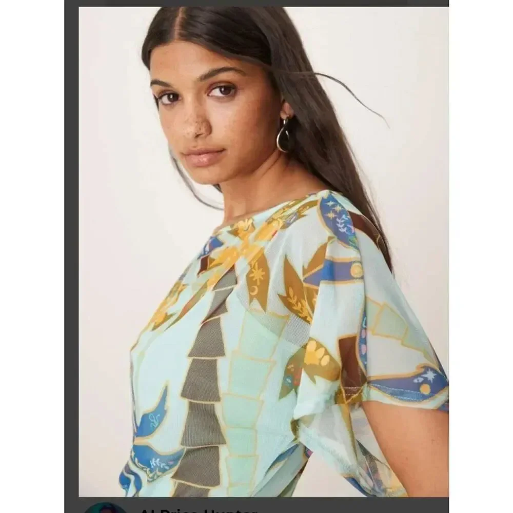Never Fully Dressed Tilly off asymmetric mesh maxi dress in blue palm print New